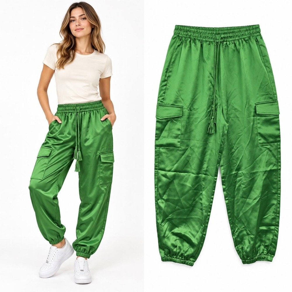 Allegra K Satin Cargo Jogger Pants Women M Green High Rise Drawstring Y2K Street